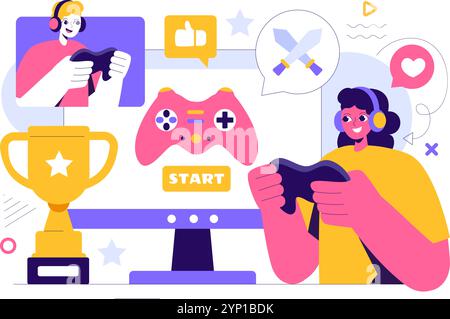 E-sports illustration vectorielle mettant en vedette un joueur en réalité virtuelle, jouant à des jeux en ligne sur consoles ou utilisant un joystick avec une manette de jeu en arrière-plan Illustration de Vecteur