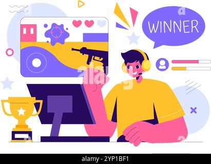 E-sports illustration vectorielle mettant en vedette un joueur en réalité virtuelle, jouant à des jeux en ligne sur consoles ou utilisant un joystick avec une manette de jeu en arrière-plan Illustration de Vecteur