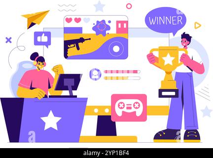 E-sports illustration vectorielle mettant en vedette un joueur en réalité virtuelle, jouant à des jeux en ligne sur consoles ou utilisant un joystick avec une manette de jeu en arrière-plan Illustration de Vecteur