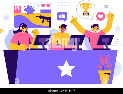 E-sports illustration vectorielle mettant en vedette un joueur en réalité virtuelle, jouant à des jeux en ligne sur consoles ou utilisant un joystick avec une manette de jeu en arrière-plan Illustration de Vecteur