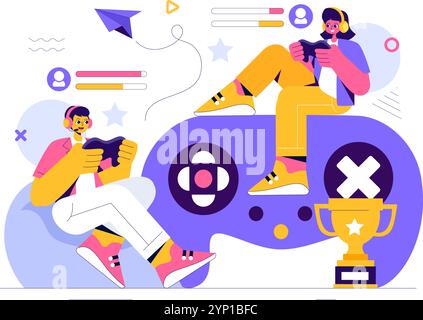 E-sports illustration vectorielle mettant en vedette un joueur en réalité virtuelle, jouant à des jeux en ligne sur consoles ou utilisant un joystick avec une manette de jeu en arrière-plan Illustration de Vecteur