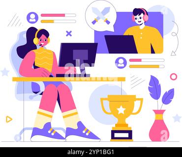 E-sports illustration vectorielle mettant en vedette un joueur en réalité virtuelle, jouant à des jeux en ligne sur consoles ou utilisant un joystick avec une manette de jeu en arrière-plan Illustration de Vecteur