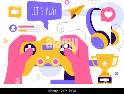 E-sports illustration vectorielle mettant en vedette un joueur en réalité virtuelle, jouant à des jeux en ligne sur consoles ou utilisant un joystick avec une manette de jeu en arrière-plan Illustration de Vecteur