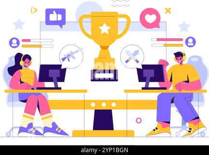 E-sports illustration vectorielle mettant en vedette un joueur en réalité virtuelle, jouant à des jeux en ligne sur consoles ou utilisant un joystick avec une manette de jeu en arrière-plan Illustration de Vecteur