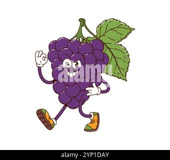 Personnage de fruit de raisin groovy de dessin animé avec des yeux expressifs, des feuilles vertes et des baskets. Raisins vectoriels isolés regroupent des personnages rétro joyeux clin d'œil, souriant et clignotant en gestes OK avec des vibrations originales Illustration de Vecteur