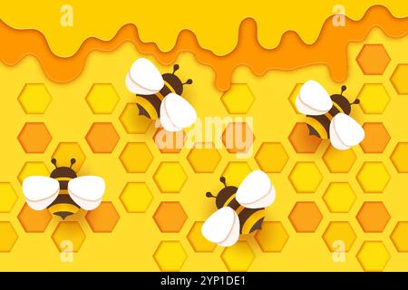 Nids d'abeilles coupés en papier et fond de vecteur d'abeille de miel. Peignes de ruche et cellules hexagonales de ruche 3d papier coupé bannière stratifiée avec bordure de miel jaune coulant et abeilles origami, nourriture de ferme apicole Illustration de Vecteur