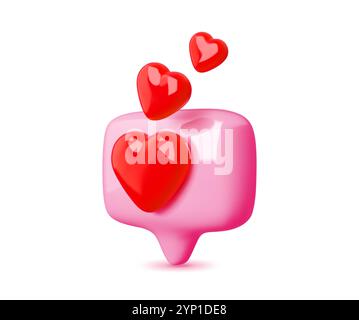 icône de vecteur de bulle cœur d'amour de médias sociaux 3d. Comme un message, un commentaire de médias sociaux ou une notification de réseau, un bouton de réaction de poste ou de chat de bulle de discours rose brillant carré et des cœurs d'amour rouges Illustration de Vecteur