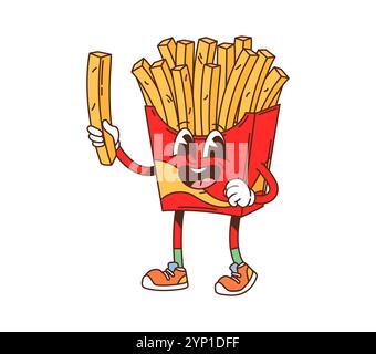 Personnage de frites de restauration rapide de dessin animé. Repas de restaurant à emporter personnage rétro drôle, personnage vectoriel isolé de dessin animé des années 60 des années 70. Street café menu frites boîte à snacks joyeuse mascotte Illustration de Vecteur