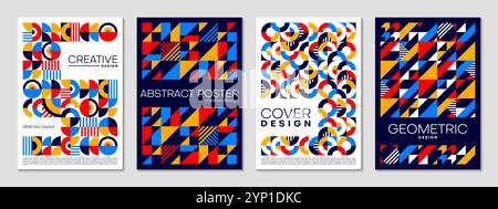 Ensemble d'affiches abstraites géométriques Bauhaus modernes. Motifs d'arrière-plan vectoriels avec des formes et des figures minimales. Modèles de mise en page d'art vintage avec typographie et éléments audacieux comme des cercles, des triangles, des carrés Illustration de Vecteur