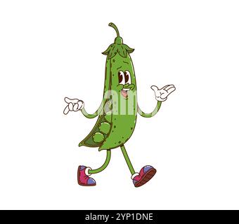 Personnage végétal de pois vert groovy de dessin animé. Personnage rétro de pod vert vecteur isolé avec des yeux expressifs, portant des baskets vintage, marchant et faisant des gestes en toute confiance avec une ambiance hippie y2k funky Illustration de Vecteur