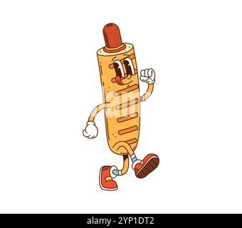 Personnage de fast food groovy américain de dessin animé. vecteur isolé hot-dog drôle ou chien de maïs, personnage de nourriture de junk de rue. Repas rétro avec saucisses et ambiance funky pour bistrot, restaurant à emporter, café Illustration de Vecteur