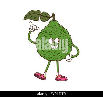 Personnage de bergamote groovy de dessin animé. Vecteur isolé plante fraîche d'agrumes bergamia rétro personnage avec peau verte ridée, véhiculant le bonheur et l'énergie, favorise une alimentation saine et des vibrations funky Illustration de Vecteur