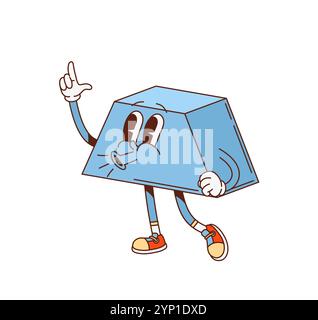 Groovy mathématique trapézoïdale figure géométrique caractère dans le dessin animé rétro, emoji vectoriel. Trapèze ou trapèze groovy personnage drôle avec sifflement de visage drôle pour la forme mathématique de géométrie de dessin animé d'enfants Illustration de Vecteur