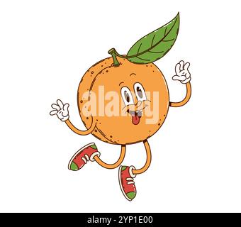 Dessin animé groovy tropical orange ou mandarine. Vecteur isolé mandarine agrume personnage sautant avec une expression joyeuse, originale et joyeuse, respire l'ambiance funky et hippie de l'été Illustration de Vecteur