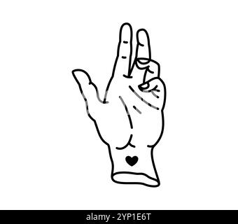 Y2K ligne art main faisant un geste symbolique avec un petit tatouage de coeur sur le poignet. Palme humain linéaire noir et blanc vecteur isolé, symbole de la culture gothique ou thèmes inspirés par le tatouage Illustration de Vecteur