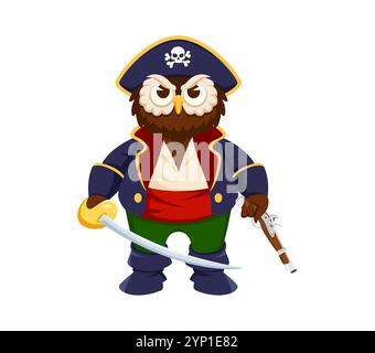 Personnage pirate de hibou de dessin animé et animal corsaire portant chapeau avec crâne, manteau bleu marine, et tenant une épée dans une main et un pistolet dans l'autre. Personnage de capitaine aventureux oiseau hibou vecteur isolé Illustration de Vecteur