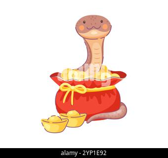 2025 personnage de dessin animé de serpent de l'année lunaire chinoise se trouve à l'intérieur d'un sac rouge plein de pièces d'or, orné d'un ruban d'or et de lingots à l'extérieur. Animal reptile mignon festif symbolisant la richesse et la prospérité Illustration de Vecteur