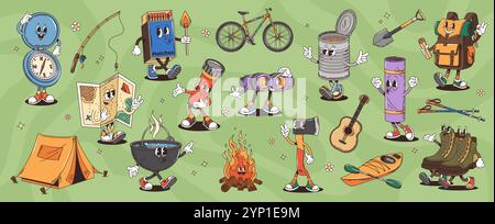 Jeu de vecteurs de personnages de voyage groovy de dessin animé rétro. Articles de camping et de randonnée, boussole, allumettes, jumelles et tente, vélo, boîte de conserve, pelle ou lampe de poche. Pot, feu de camp ou hache, guitare, sac de couchage Illustration de Vecteur