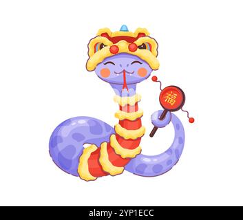 Personnage de serpent de dessin animé orné d'un gilet rouge et d'un chapeau de dragon, célébrant le nouvel an lunaire 2025 avec tambour de vacances chinois traditionnel et expression ludique, symbolisant la positivité et le renouveau Illustration de Vecteur