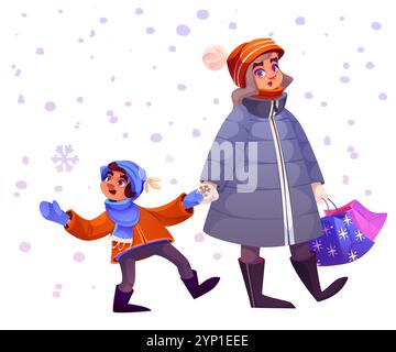 Dessin animé mère et enfant profitant de la promenade hivernale tout en faisant du shopping. Personnages heureux portant des vêtements chauds avec une ambiance festive sous la neige tombante portant des sacs à provisions décorés avec motif flocon de neige. Illustration de Vecteur