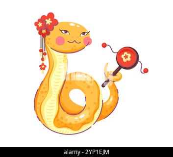 Charmant personnage de serpent de dessin animé orné de fleurs rouges vibrantes, célébrant le nouvel an lunaire 2025 avec tambour de vacances chinois traditionnel et expression ludique, symbolisant la positivité et le renouveau Illustration de Vecteur