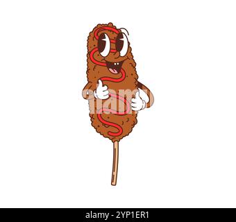 Dessin animé groovy fast food Corndog personnage mignon. Menu de restauration rapide repas des années 60 mascotte groovy des années 70, personnage vectoriel isolé de dessin animé rétro drôle, café à emporter Corndog ou personnage joyeux de snack de rue Illustration de Vecteur