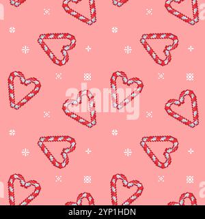 Motif sans couture de vecteur de sucette de canne de bonbons en forme de coeur. Confiserie romantique traite papier d'emballage design Illustration de Vecteur