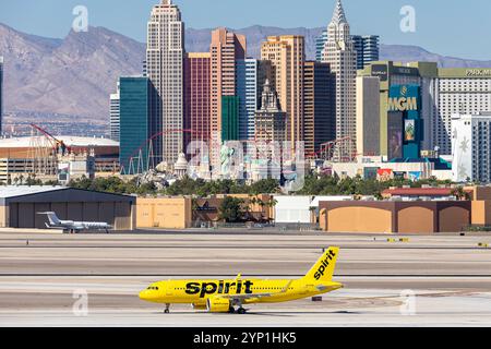 Las Vegas, États-Unis - 13 octobre 2024 : Airbus A320neo de Spirit Airlines à l'aéroport de Las Vegas aux États-Unis. Banque D'Images