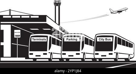 Bus de l'aéroport aux terminaux, ville et parking - illustration vectorielle Illustration de Vecteur