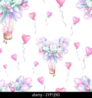 Ballons de fleurs en forme de coeur aquarelle isolé sans couture motif de fond. Dessin à la main illustration sans fin pour la Saint-Valentin romantique, dessins de mariage, tissu, textile et emballage. Banque D'Images