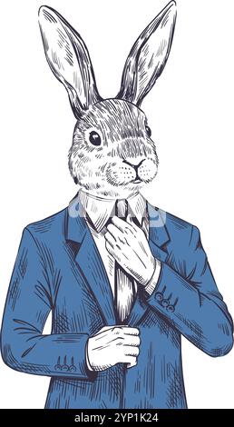 Lapin en costume. Animal dessiné à la main de caractère d'affaires isolé sur fond blanc Illustration de Vecteur