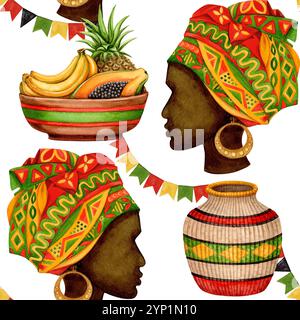 Modèle sans couture Kwanzaa de femme africaine en coiffe, plaque de fruits et guirlande. Illustration de vacances à l'aquarelle dessinée à la main du symbole traditionnel. ISOL Banque D'Images