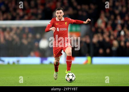 Liverpool, Royaume-Uni. 27 novembre 2024. Andrew Robertson de Liverpool court avec le ballon lors du match de l'UEFA Champions League à Anfield, Liverpool. Le crédit photo devrait se lire comme suit : Jessica Hornby/Sportimage crédit : Sportimage Ltd/Alamy Live News Banque D'Images