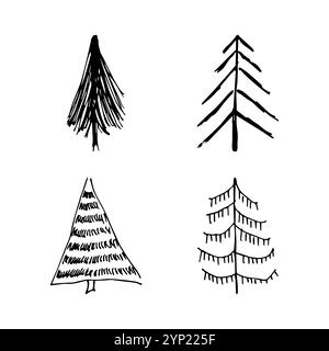 Arbres de Noël dessinés à la main. Ensemble de quatre illustrations croisées monochromes de FIRS. Éléments de gribouillage pour les vacances d'hiver. Illustration vectorielle Illustration de Vecteur