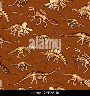 Fossiles de dinosaures motif sans couture. Tuile vectorielle, papier peint ou textile avec des structures squelettiques de dessins animés de dinosaures présente des os de dinosaures et des squelettes disposés sur un fond de sol brun et texturé Illustration de Vecteur
