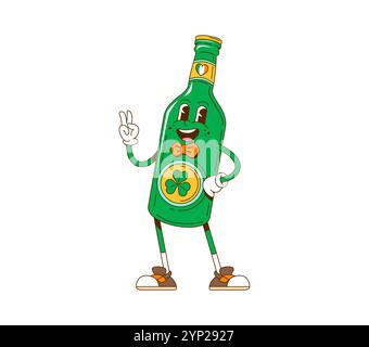 Dessin animé rétro groovy Saint Patrick jour bouteille de bière, vecteur funky caractère. Bouteille de bière verte groovy de vacances irlandaises avec visage heureux, trèfle de trèfle et drapeau irlandais personnage de la St Patrick Illustration de Vecteur