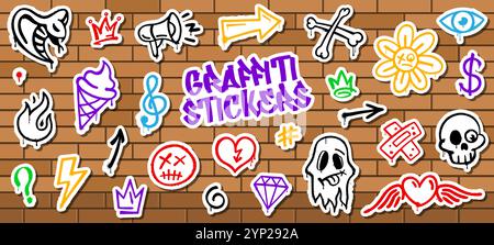 Stickers pack de peinture en aérosol d'encre graffiti grunge Street art. Autocollants vectoriels de symboles de graffiti de pulvérisation de rue. Culture hip Hop peinture en spray serpent, haut-parleur, crème glacée et fantôme, crâne, étiquettes murales de couronne Illustration de Vecteur
