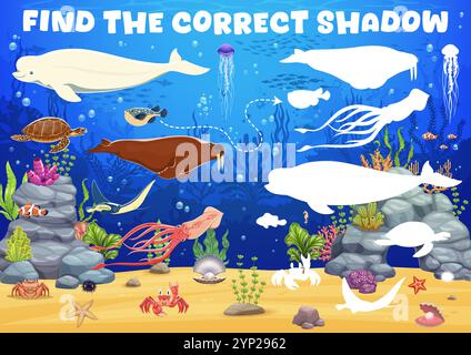 Jeu d'enfants pour trouver l'ombre correcte des animaux de mer sous-marins, feuille de calcul de quiz vectoriel. Jeu de puzzle pour trouver et faire correspondre la même ombre de dessin animé drôle de poisson sous-marin, dauphin et calmar avec tortue dans l'océan Illustration de Vecteur