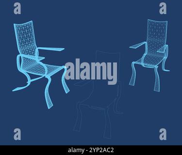 Illustration vectorielle de filaire et de contour de trois fauteuils faits de lignes bleues isolées sur fond sombre. 3D.. Illustration de Vecteur