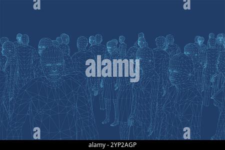 Illustration vectorielle d'une foule de personnes filaire faite de lignes bleues isolées sur un fond sombre. 3D. Illustration de Vecteur