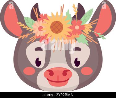 Tête de vache mignonne. Animal de ferme dans la couronne de fleurs isolé sur fond blanc Illustration de Vecteur