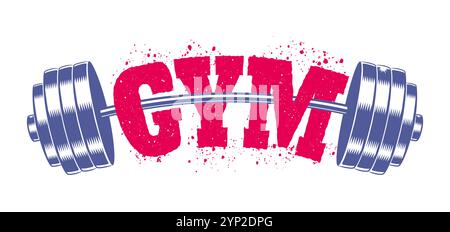 Emblème vintage vecteur pour gymnase avec barre. Illustration vectorielle du logo sportif. Emblème de barre en acier pour le culturisme et le fitness. Illustration de Vecteur