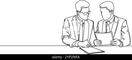 dessin simple continu de deux hommes d'affaires discutant du rapport d'affaires pendant la réunion, illustration vectorielle d'art au trait Illustration de Vecteur