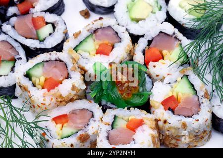 Différents rouleaux japonais et sushis sur une assiette, cuisine japonaise, France, Europe Banque D'Images