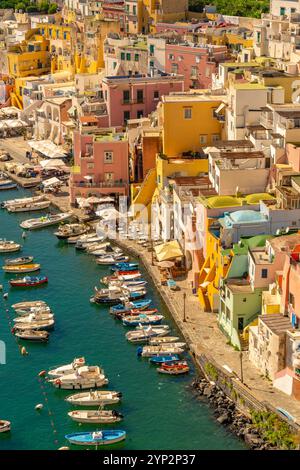 Vue de Marina di Corricella depuis une position surélevée, Procida, Îles Phlegraean, Golfe de Naples, Campanie, Italie du Sud, Italie, Europe Banque D'Images