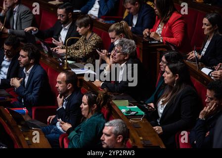 FRANCE-POLITIQUE-GOUVERNEMENT-PARLEMENT députés de la France insoumise-Nouveau Front populaire au parlement lors du débat sur l'abrogation de la réforme des retraites. À Paris, le 28 novembre 2024. PARIS ILE-DE-FRANCE FRANCE COPYRIGHT : XANDREAXSAVORANIXNERIX FRANCE-POLITICS-GOVERNMENT-PARLI ASAVORANINERI-13 Banque D'Images