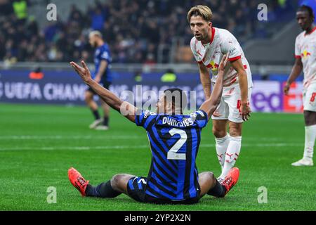 Milan, Italien. 26 novembre 2024. Denzel Dumfries du FC Internazionale réagit lors du match de football UEFA Champions League 2024/25 phase - Matchday5 entre le FC Internazionale et le RB Leipzig au San Siro Stadium crédit : dpa/Alamy Live News Banque D'Images