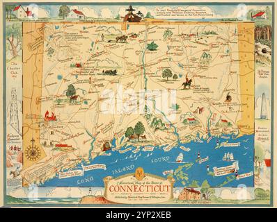 Carte historique de l'état du Connecticut 1930 - 1939 par des Rosiers, Leon L. Banque D'Images