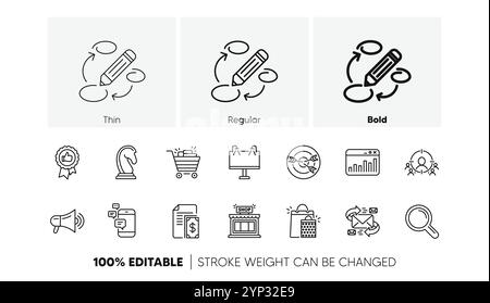 Marketing, icônes de ligne de recherche. Agence de stratégie, de feedback et de publicité. Jeu d'icônes linéaires. Icônes de ligne. Vecteur Illustration de Vecteur