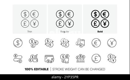 Icônes de ligne de devise. Argent comptant, transfert Euro Dollar et icônes de change de devises. Icônes de ligne. Vecteur Illustration de Vecteur